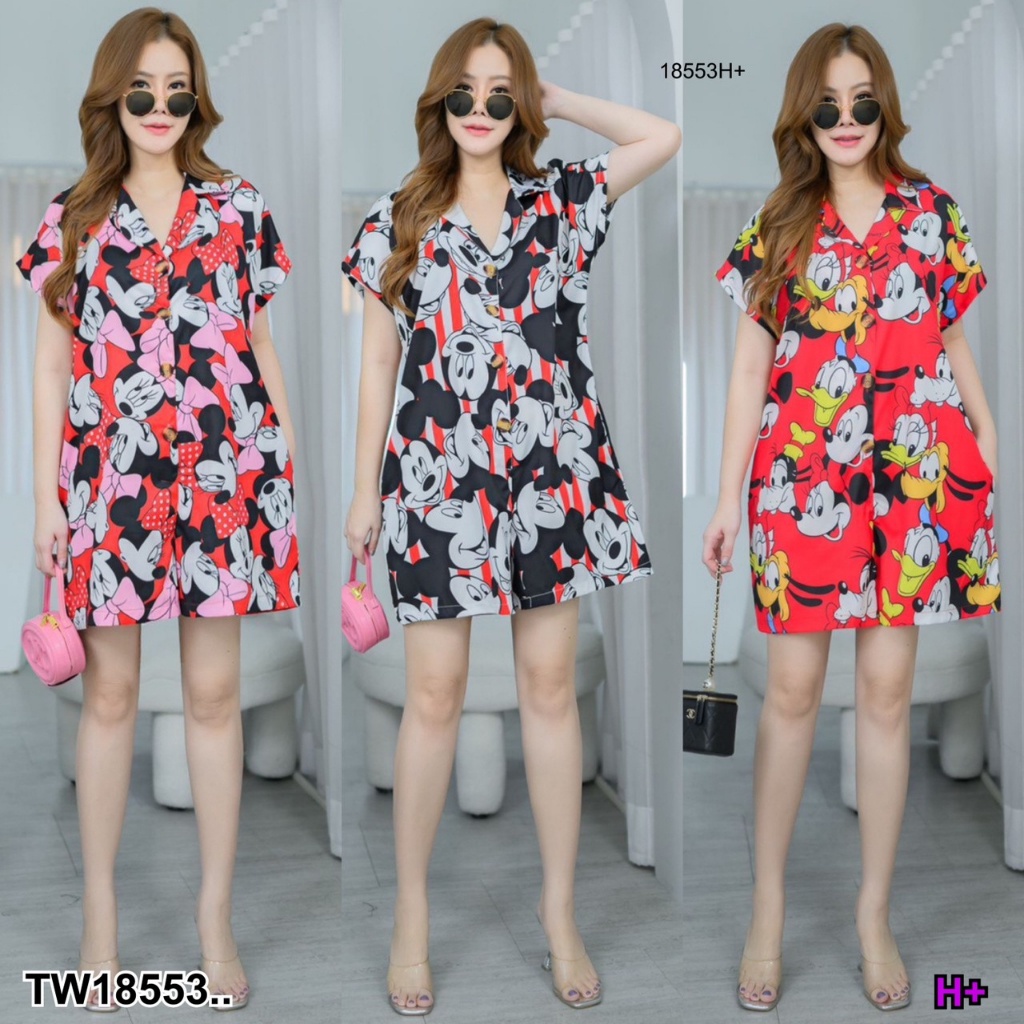 s4u-พร้อมส่ง-jumpsuit-เสื้อผ้าสาวอวบ-คนอ้วน-ไหล่ล้ำคอปก-กระดุมหน้า-ขาสั้น-ชุดไปทะเล-ชุดไปเที่ยว-ชุดเดรส-ชุดทำงาน