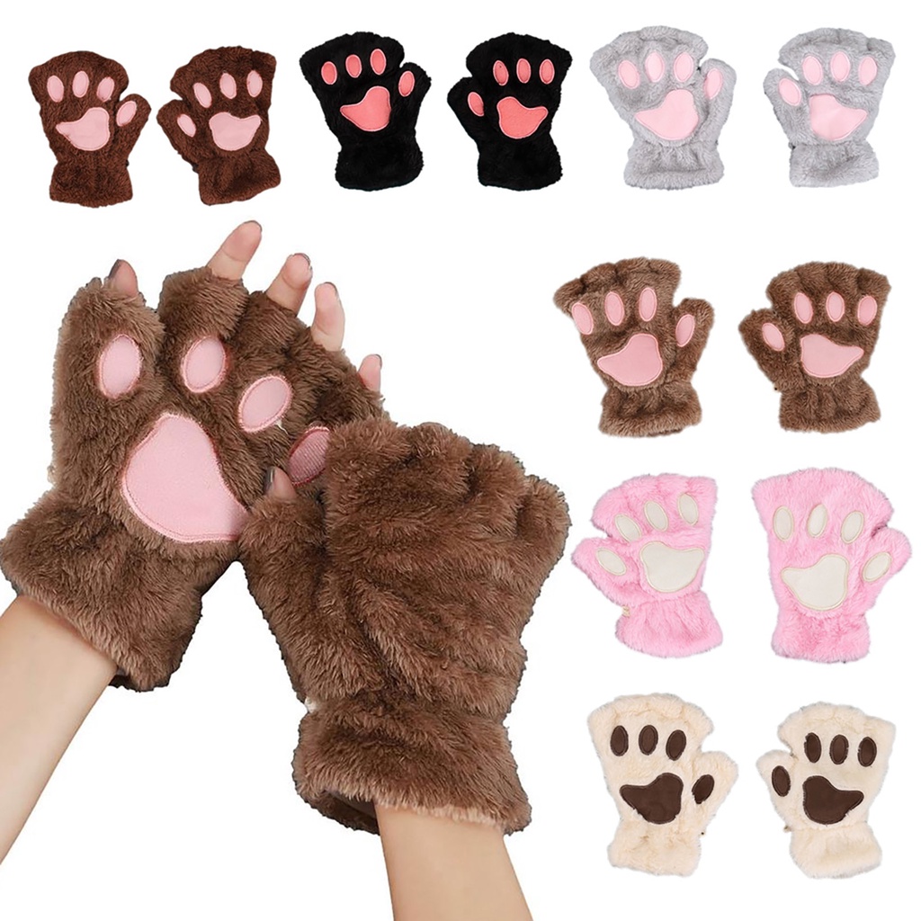 ถุงมือ-แบบครึ่งนิ้ว-ผ้ากํามะหยี่ขนนิ่ม-รูปอุ้งเท้าแมวน่ารัก-ให้ความอบอุ่น-แฟชั่นฤดูหนาว-สําหรับผู้หญิง
