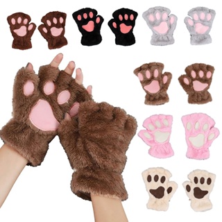 ถุงมือ แบบครึ่งนิ้ว ผ้ากํามะหยี่ขนนิ่ม รูปอุ้งเท้าแมวน่ารัก ให้ความอบอุ่น แฟชั่นฤดูหนาว สําหรับผู้หญิง