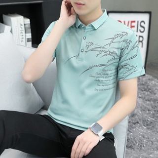 Spot price is about to rise] POLO shirt 2023 new mens ice silk short-sleeved T-shirt trend lapel youth ice Tee mens bottom shirt handsome dad shirt for boys