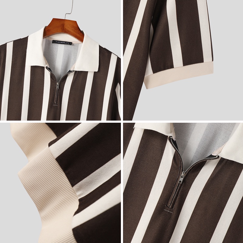 ภาพสินค้าINCERUN Vintage Stripe Zipper Short Sleeve T-Shirt Casual Polo Top จากร้าน incerun.th บน Shopee ภาพที่ 4