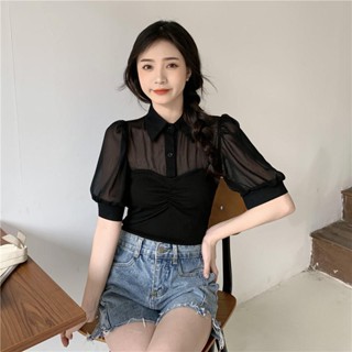 MA เสื้อเชิ้ตแขนสั้น ผ้าโปร่งถัก สีดํา สไตล์เกาหลี เข้ากับทุกการแต่งกาย แฟชั่นฤดูร้อน สําหรับผู้หญิง 2023