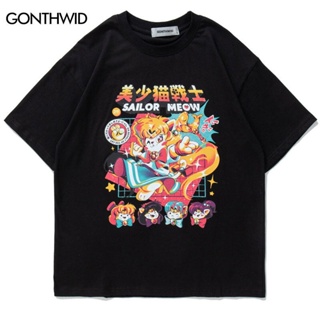 Fashionable Fella 【HOT】Men T-Shirt Streetwear Hip Hop Funny Sailor Cat Print Casual Loose Tee Shirts Harajuku Summer Cot