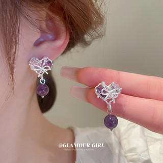 ต่างหูเข็มเงิน ประดับเพทาย อเมทิสต์ โบว์ หัวใจ เรียบง่าย