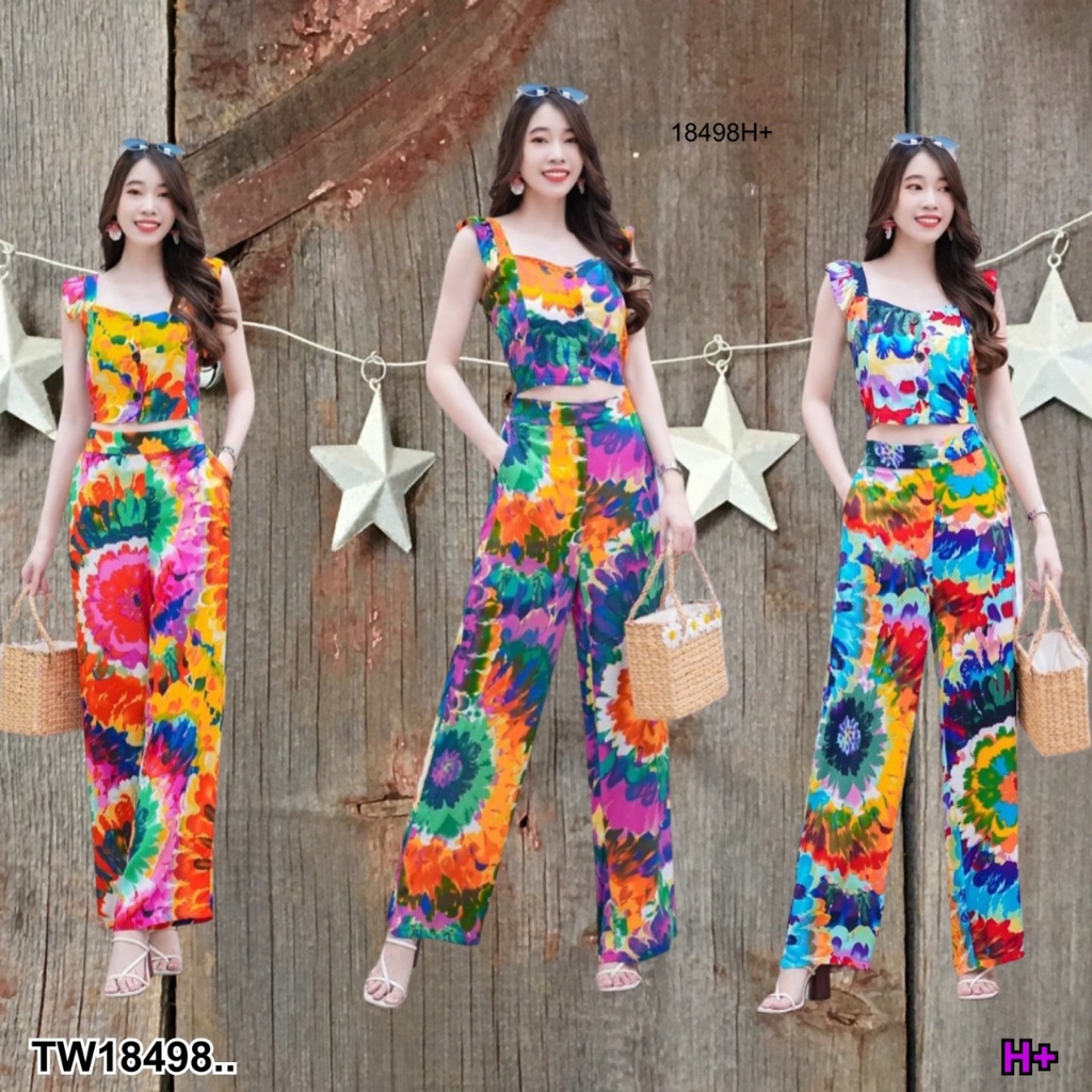 s4u-พร้อมส่ง-set-เสื้อสายเดี่ยวมัดย้อม-กางเกงขายาวมัดย้อม-เสื้อผ้าแฟชั่นผู้หญิง-ชุดไปทะเล-ชุดเซ็ท-ชุดทำงาน-สาวอวบ