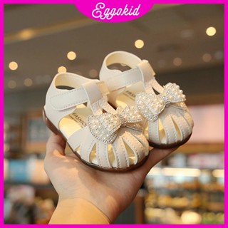 Eggokids store รองเท้าแตะหนัง ประดับมุก ระบายอากาศ สําหรับเด็กผู้หญิง 0-3 ปี