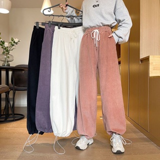 🌈S-XL สีชมพู/ม่วง กางเกงผ้าลูกฟูกเอวสูงขากว้างเรียบง่าย เวอร์ชั่นเกาหลี กางเกงกีฬาทรงหลวม