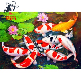 DIY Diamond Painting By Number Kits, Painting Koi Fish Pond Lotus Paint with Diamonds Arts Full Drill Canvas Pictures