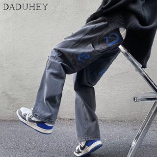 DaDuHey🔥 Mens 2023 New American-Style Embroidered Ripped Jeans Fashion Brand Handsome Loose Elastic Waist Casual Pants