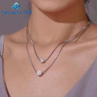 Fantastic789 Deluxe Chic Sparking Double Crystal Ball Minimalist Pendant Necklace for Women Girls Elegant Utopia Two Layer Silver Link Choker Lucky Necklaces Jewelry Gift Daily Acc