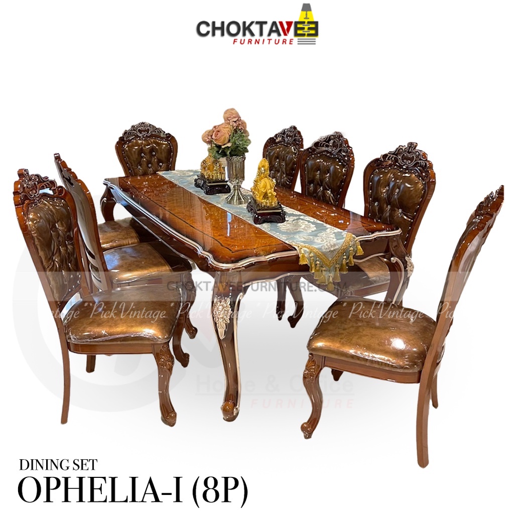 ชุดโต๊ะอาหาร-8ที่นั่ง-200cm-วินเทจ-หลุยส์-สีเข้ม-platinum-classic-series-รุ่น-ttb-lv-ophelia-i