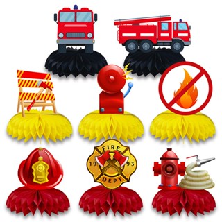 8pcs/Pack First Kids Birthday Party Fire Truck Honeycomb Ornament Baby Shower Boy Fireman Table Decorations Photoprops