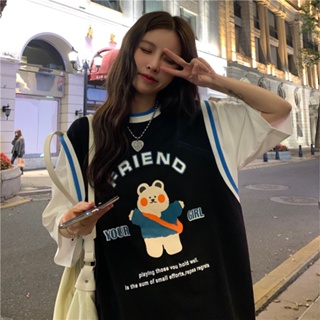 Fake two-piece short-sleeved T-shirt womens 2021 summer new Korean style student bear print loose mid-length top
