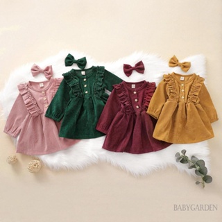 Babygarden-6m-5y เด็กผู้หญิง ผ้าลูกฟูก ทรงเอ แขนยาว คอกลม แต่งระบาย กระดุม ชุดเดรสเจ้าหญิง + ที่คาดผม