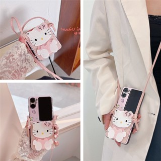 Oppo Find N2 Flip เคส น่ารัก Hello Kitty สายคล้อง เคสโทรศัพท์หนัง พร้อมที่ใส่บัตร เคสป้องกันเต็มรูปแบบ หรูหรา