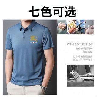 Spot quality POLO shirts mens middle-aged dads wear ice silk Tee mens short-sleeved T-shirts 2023 summer mulberry silk lapel T-printed shirts middle-aged and young people repair clothes