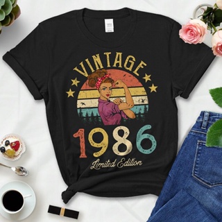 Vintage 1986 Limited Edition Black Cotton T Shirts Women Retro Summer Fashion 36th 36 Years Old Birt_03