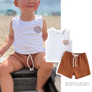 Babygarden-0-3y ชุดเสื้อผ้าเด็กผู้ชาย เสื้อกล้าม พิมพ์ลายตัวอักษร + กางเกงขาสั้น เอวยางยืด