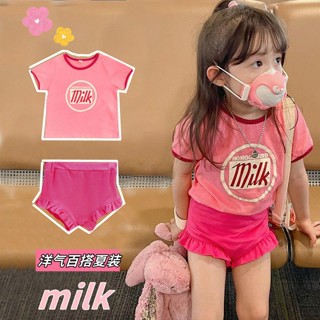 พร้อมส่ง ใหม่ ชุดเสื้อยืดแขนสั้น กางเกงขาสั้น ผ้าฝ้ายแท้ พิมพ์ลาย สไตล์เกาหลี ญี่ปุ่น ฤดูร้อน สําหรับเด็กผู้หญิง 2023