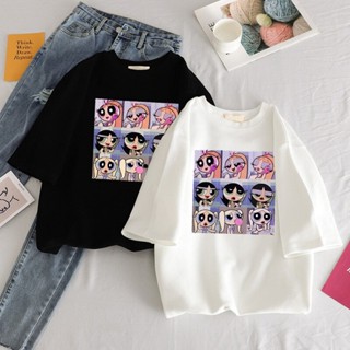 เสื้อยืดแขนสั้นเสื้อยืดลําลอง พิมพ์ลายการ์ตูน Powerpuff Girls แฟชั่นฤดูร้อน สไตล์เกาหลี ฮาราจูกุ สําหรับสตรีS-5XL