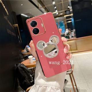 For Realme C55 NFC 2023 เคส Phone Case Candy Plating Cute Cartoon Rhinestone Makeup Mirror Phone Holder Realme C55 Soft Back Cover เคสโทรศัพท