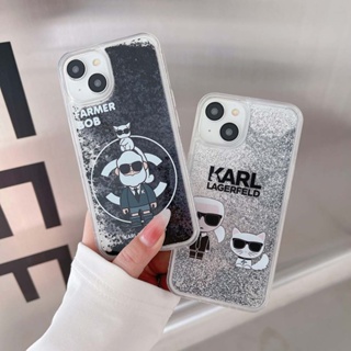 เคสโทรศัพท์มือถือแบบใส กันกระแทก มีทรายไหล แต่งกลิตเตอร์ ลาย Karl Lagerfeld สีดํา สําหรับ iPhone 14PROMAX 12PROMAX 13PROMAX 12 11 11PRO 11PROMAX XS XR XSMAX 7Plus 8PLUS 14 14PRO 14PLUS