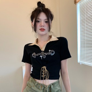 เสื้อโปโลแขนสั้น เปิดไหล่ สีดํา แฟชั่นฤดูร้อน สําหรับผู้หญิง 2023