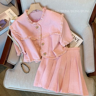 Chanel Style Pink High Waist Pleated Skirt Suit Womens Summer 2022 New Sweet Slimming Elegant Short Sleeve Two-piece Set