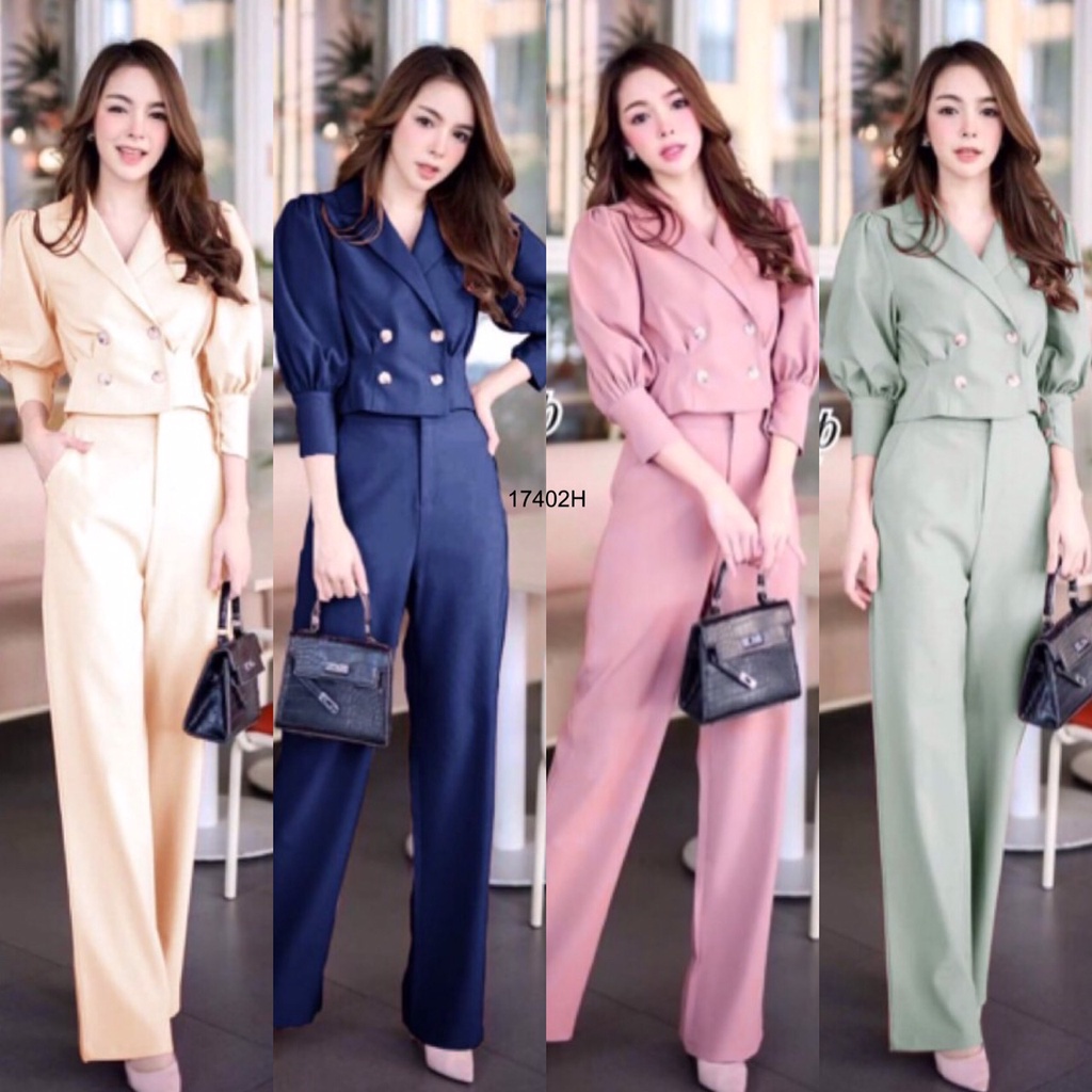 s4u-พร้อมส่ง-set-เสื้อแขนพอง-คอปกสูทกระดุมหน้า-กางเกงขายาว-ชุดเซ็ต-ชุดเดรส-ทำงาน-งานแต่ง-เสื้อผ้าสาวอวบ-สไตล์เกาหลี
