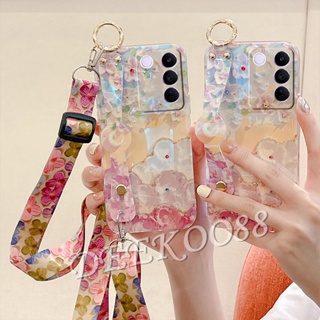 ใหม่ เคสโทรศัพท์มือถือ TPU นิ่ม ปิดด้านหลัง ลายดอกไม้สีม่วง พร้อมสายคล้องคอ และสายคล้องคอ สําหรับ VIVO V27e V27 5G 4G 2023 V27e V27