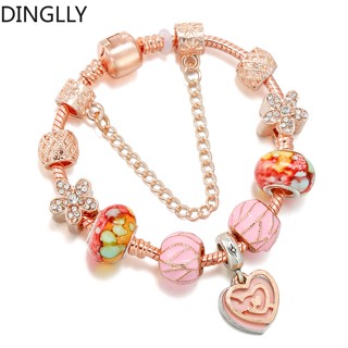 Dinglly สร้อยข้อมือ ลูกปัดหัวใจ สีโรสโกลด์ ดอกไม้ เสน่ห์ สําหรับผู้หญิง DIY สีชมพู ลูกปัด สร้อยข้อมือ อุปกรณ์เสริม