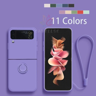 เคสโทรศัพท์มือถือ ซิลิโคนนิ่ม พร้อมแหวนขาตั้งแม่เหล็ก หรูหรา สีพื้น สําหรับ Samsung Galaxy Z Flip 3 Z Flip 4 5G