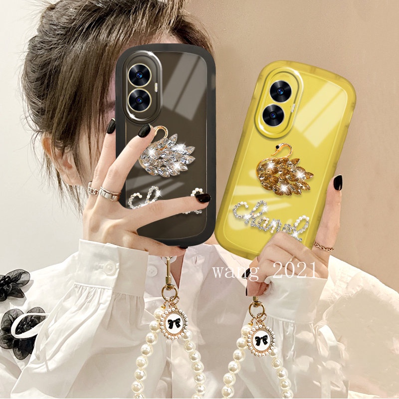 fashion-casing-realme-c55-2023-เคส-phone-case-elegant-luxurious-rhinestone-swan-pearl-lanyard-lens-protection-solid-color-transparent-soft-case-for-realme-c55-nfc-phone-cover-เคสโทรศัพท