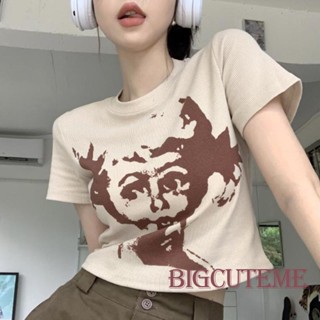 [] - เสื้อครอปท็อป แขนสั้น พิมพ์ลายนามธรรม ทรงหลวม สไตล์เรโทร ฤดูร้อน สําหรับผู้หญิง