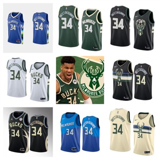 Milwaukee Bucks #34 Giannis Antetokounmpo เสื้อบาสเก็ตบอลสีดำของผู้ชายสั้น -เสื้อยืดกีฬา