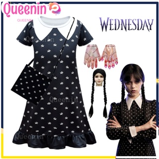 Addams ชุดเดรสคอสเพลย์ พิมพ์ลาย Wednesday Christina Ricci Kid Vestidos สําหรับครอบครัว ปาร์ตี้