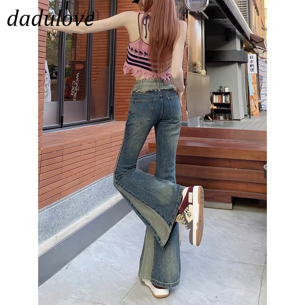 dadulove-new-korean-version-of-ins-retro-jeans-high-waist-stitching-womens-flared-pants-large-size-trousers