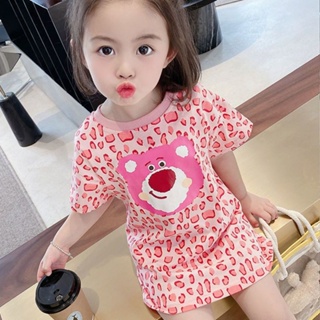 ชุดเดรสเสื้อยืด แขนสั้น พิมพ์ลายเสือดาว สีชมพู แฟชั่นฤดูร้อน สไตล์เกาหลี สําหรับเด็กผู้หญิง 2023
