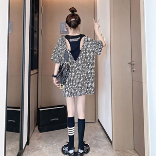 【Dress Oversize】(40-150kg) ชุดมิดี้เดรส แขนสั้น เปิดหลัง พลัสไซซ์ พิมพ์ลาย สไตล์เกาหลี สตรีท สําหรับผู้หญิง