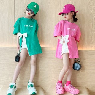 เสื้อยืดคอกลม แขนสั้น ประดับโบว์ สไตล์เกาหลี แฟชั่นฤดูร้อน สําหรับเด็กผู้หญิง