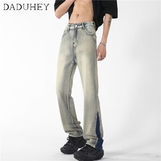 DaDuHey🔥 American-Style Retro Washed Distressed Yellow Mud-Color Jeans Mens Fashionable High Street Straight Wide Leg Loose Casual Pants