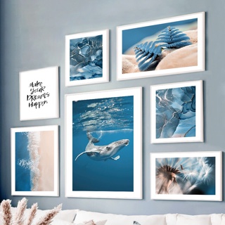 โปสเตอร์ภาพวาดผ้าใบ ลายหินอ่อน ปลาวาฬ แดนดิไลออน สีฟ้า สไตล์นอร์ดิก สําหรับตกแต่งผนัง ห้องนั่งเล่น