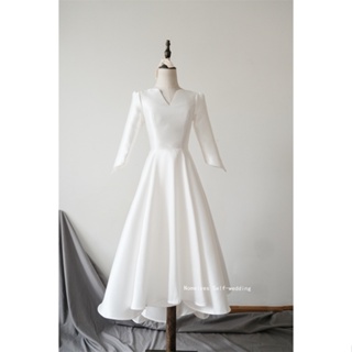 Ylff- ชุดเดรสแขนยาว คอวี ผ้าซาติน สีขาว เรียบง่าย สําหรับเจ้าสาว Ff255