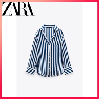 Zara เสื้อเชิ้ต ผ้าซาติน ผ้าไหม ลายทาง แฟชั่นฤดูใบไม้ผลิ สําหรับผู้หญิง