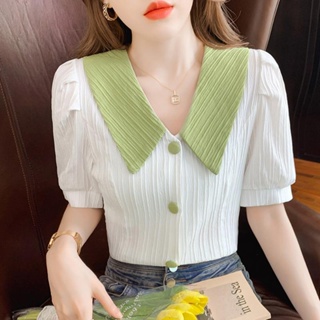พร้อมส่ง✨ แฟชั่นสไตล์เกาหลีเสื้อเชิ้ตแขนสั้นสีขาวคอตุ๊กตาหวานสลิมเข้ารูปเสื้อชีฟอง