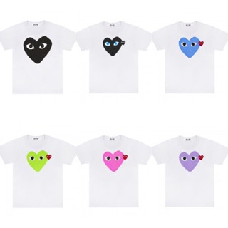 เสื้อยืดผ้าฝ้าย 100%เสื้อยืดแขนสั้นสีขาวหัวใจสี Play COMME des GARCONSS-3XL