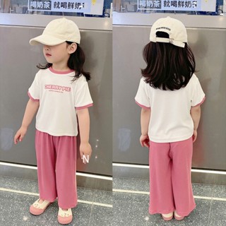 เสื้อยืดแขนสั้น และกางเกงขากว้าง ผ้าเรยอน ทรงหลวม แฟชั่นฤดูร้อน สําหรับเด็กผู้หญิง และเด็กผู้ชาย