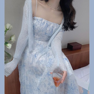 2022 Summer New French First Love Retro Gentle Long Dress Floral Strap Dress Two-piece Suit Women
