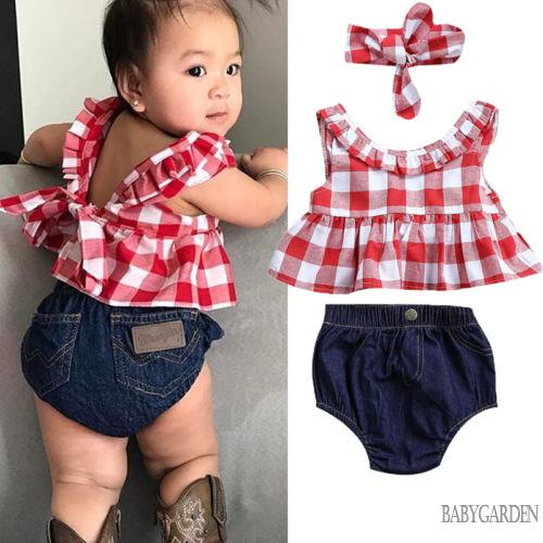 babygarden-0-3-ปี-ชุดเสื้อผ้าเด็กผู้หญิง-เสื้อแขนกุด-ลายสก๊อต-สีแดง-และสีขาว-กางเกงยีนขาสั้น-ที่คาดผม