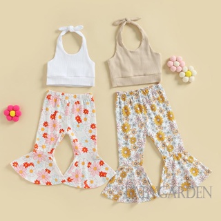 Babygarden-6m-4y ชุดเสื้อผ้าเด็กผู้หญิง เสื้อกั๊กผูกคอ + กางเกงบาน พิมพ์ลายดอกไม้